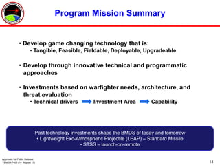 14
Program Mission Summary
Past technology investments shape the BMDS of today and tomorrow
• Lightweight Exo-Atmospheric Projectile (LEAP) – Standard Missile
• STSS – launch-on-remote
• Develop game changing technology that is:
• Tangible, Feasible, Fieldable, Deployable, Upgradeable
• Develop through innovative technical and programmatic
approaches
• Investments based on warfighter needs, architecture, and
threat evaluation
• Technical drivers Investment Area Capability
Approved for Public Release
13-MDA-7405 (14 August 13)
 