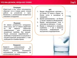 Ситуация:
Известный в соц. сетях пользователь
обвиняет ivi.ru в краже денег, плохой
работе на устройстве и проч.
Возможно, с упоминанием конкретного
знакомого сотрудника
Решение:
От имени упомянутого сотрудника
(если есть), или от имени директора
по PR ведется публичная
коммуникация для выяснения
конкретных проблем, без эмоций.
После уточнения подробностей –
проблема отправляется на решение в
соответствующий департамент, о чем
сообщается в комментариях.
Результат:
Вывести коммуникацию на
нейтральный/положительный тон.
Решить проблему популярного
пользователя и поблагодарить за
использование сервиса.
KPI
1. Время обнаружения негатива –
не более 10 часов в будни, не
более суток в выходные и
праздники.
2. Время реагирования – не более
2 часов с момента обнаружения.
3. Время нейтрализации тона с
негатива на нейтраль – 4 часа
4. Время о повещения о решении
проблемы – 1 час с момента
получения информации от
внутреннего подразделения.
ЧТО МЫ ДЕЛАЕМ, КОГДА ВСЕ ПЛОХО
 