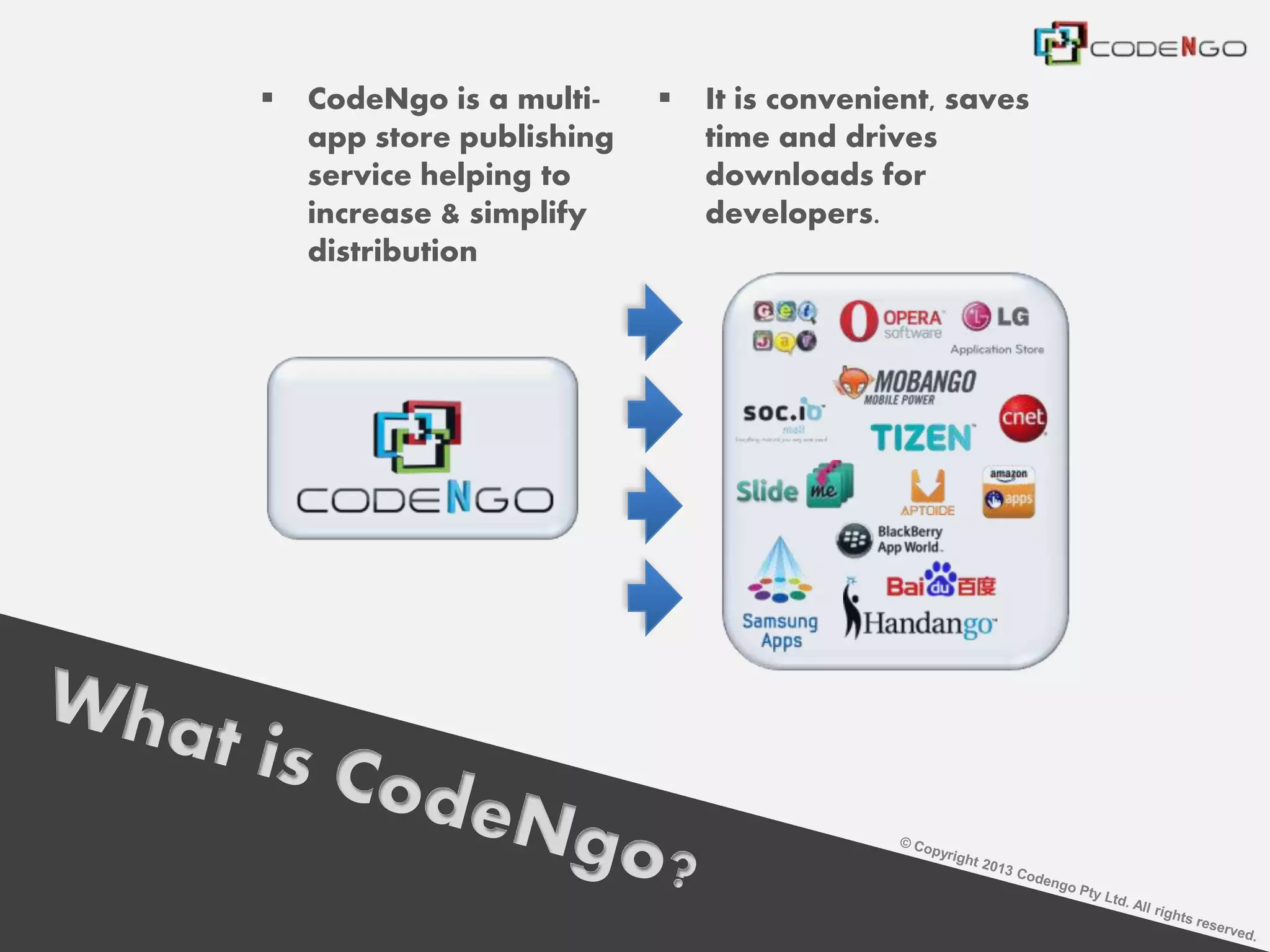  CodeNgo is a multi-
app store publishing
service helping to
increase & simplify
distribution
 It is convenient, saves
time and drives
downloads for
developers.
 