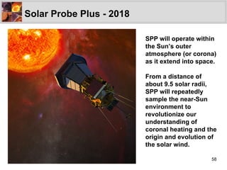 Solar Probe Plus - 2018 SPP will operate within the Sun’s outer atmosphere (or corona) as it extend into space. From a dis...
