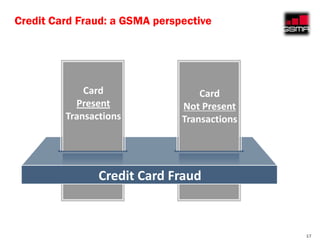 Credit Card Fraud: a GSMA perspective




             Card                  Card
           Present             Not Present POINT
                                          SUB
         Transactions          Transactions




                Credit Card Fraud



                                                   17
 