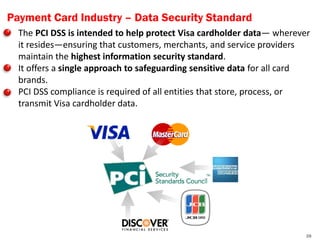 Payment Card Industry – Data Security Standard
• The PCI DSS is intended to help protect Visa cardholder data— wherever
  it resides—ensuring that customers, merchants, and service providers
  maintain the highest information security standard.
• It offers a single approach to safeguarding sensitive data for all card
  brands.
• PCI DSS compliance is required of all entities that store, process, or
  transmit Visa cardholder data.




                                                                        28
 