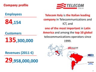 Company profile

Employees             Telecom Italy is the Italian leading
                    company in Telecommunications and
84,154                             ICT, and
                      one of the most important in Latin
Customers           America and among the top 10 global
                     telecommunications operators since
135,300,000                          1999.


Revenues (2011 €)

29,958,000,000
                                                             4
 