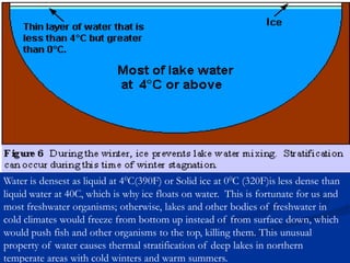 Water is densest as liquid at 40C(390F) or Solid ice at 00C (320F)is less dense than
liquid water at 40C, which is why ice floats on water. This is fortunate for us and
most freshwater organisms; otherwise, lakes and other bodies of freshwater in
cold climates would freeze from bottom up instead of from surface down, which
would push fish and other organisms to the top, killing them. This unusual
property of water causes thermal stratification of deep lakes in northern
temperate areas with cold winters and warm summers.
 