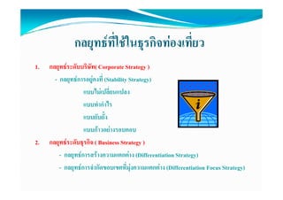 กลยุทธที่ใชในธุรกิจทองเที่ยว
1.   กลยุทธระดับบริษัท( Corporate Strategy )
       - กลยุทธการอยูคงทีี่ (Stability Strategy)
                   แบบไมเปลี่ยนแปลง
                   แบบทํากําไร
                   แบบยับยั้ง
                   แบบกาวอยางรอบคอบ
2.   กลยุทธระดับธุุรกิจ ( Business Strategy )
         ุ                                   gy
         - กลยุทธการสรางความแตกตาง (Differentiation Strategy)
         - กลยทธการจํากัดขอบเขตที่มงความแตกตาง (Differentiation Focus Strategy)
           กลยุทธการจากดขอบเขตทมุ ความแตกตาง
 