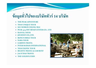ขอมูลทั่วไปของบริษัททัวร 14 บริษัท
     ู
   THE PEAK ADVENTURE
   THAI UNIQUE TOUR
   SEE WORLD CHIANG MAI
   PEAK 4x4 OFF‐ROAD CENTER CO., LTD
   RANVEL TOUR 
   JOURNEY CO,.LTD.
   BONUS SMILE TOUR 
   NARA TOUR
   GARDEX TRAVEL                                                              
   INTER RADAIS INTERNATIONAL
   THAI EXOTIC TOUR
   BELIEVE TRAVEL & CAR RENT
   J & B THAI TRAVEL
   THE GOLDEN FERN
 