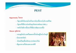 PEST
Opportunity โอกาส
         - รััฐบาลมีีนโ
                      โยบายสงเสริิมการทองเที่ยวแหงป
                                               ี      ประเทศไทย
                                                             ไ
         - รัฐบาลไดมีการสงเสริมธุรกิจขนาดยอม( SMEs )
         - เทคโนโลยีการสื่อสารไดมีการพัฒนามากขึ้น
Threat อุปสรรค
         - เศรษฐกิจประเทศไทยตอนนี้กําลังอยูในชวงวิกฤติ
         - เงินบาทแข็งคา
         - สังคมไทยเสื่อมโทรม การกอการราย
         - ปญหาความไมสงบทางภาคใต
           ปญหาความไมสงบทางภาคใต
 