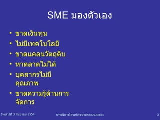 SME   มองตัวเอง ขาดเงินทุน ไม่มีเทคโนโลยี ขาดแคลนวัตถุดิบ หาตลาดไม่ได้ บุคลากรไม่มีคุณภาพ ขาดความรู้ด้านการจัดการ 