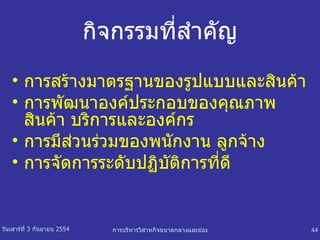 กิจกรรมที่สำคัญ การสร้างมาตรฐานของรูปแบบและสินค้า การพัฒนาองค์ประกอบของคุณภาพสินค้า บริการและองค์กร การมีส่วนร่วมของพนักงาน ลูกจ้าง การจัดการระดับปฏิบัติการที่ดี 