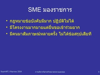 SME   มองราชการ กฎหมายข้อบังคับมีมาก ปฏิบัติไม่ได้ มีโครงงานมากมายแต่ยื่นขอเข้าร่วมยาก มีคนมาสัมภาษณ์หลายครั้ง ไม่ได้ข้อสรุปเสียที 