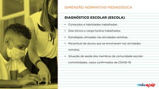 DIAGNÓSTICO ESCOLAR (ESCOLA)
• Conteúdos e habilidades trabalhadas;
• Dias letivos e carga horária trabalhados;
• Estratégias utilizadas nas atividades remotas;
• Percentual de alunos que se envolveram nas atividades
remotas;
• Situação de saúde dos membros da comunidade escolar:
comorbidades, casos confirmados da COVID-19.
DIMENSÃO NORMATIVO-PEDAGÓGICA
 