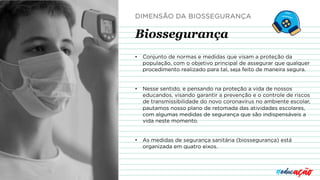 Biossegurança
• Conjunto de normas e medidas que visam a proteção da
população, com o objetivo principal de assegurar que qualquer
procedimento realizado para tal, seja feito de maneira segura.
• Nesse sentido, e pensando na proteção a vida de nossos
educandos, visando garantir a prevenção e o controle de riscos
de transmissibilidade do novo coronavírus no ambiente escolar,
pautamos nosso plano de retomada das atividades escolares,
com algumas medidas de segurança que são indispensáveis a
vida neste momento.
• As medidas de segurança sanitária (biossegurança) está
organizada em quatro eixos.
DIMENSÃO DA BIOSSEGURANÇA
 