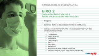 EIXO 2
ORGANIZAÇÃO DE ACESSO E
ÁREAS COLETIVAS DAS INSTITUIÇÕES
• Triagem;
• Controle do fluxo de pessoas dentro da instituição;
• Adequação e monitoramento nos espaços em comum dos
alunos/colaboradores.
ü Corredores;
ü Salas de aula;
ü Biblioteca;
ü Laboratório;
ü Pátio;
ü Banheiro;
ü Refeitório;
ü Administração e sala de reuniões;
ü Parque, sala de jogos e locais de recreação.
DIMENSÃO DA BIOSSEGURANÇA
 