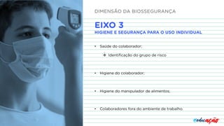 EIXO 3
HIGIENE E SEGURANÇA PARA O USO INDIVIDUAL
• Saúde do colaborador;
v Identificação do grupo de risco
• Higiene do colaborador;
• Higiene do manipulador de alimentos;
• Colaboradores fora do ambiente de trabalho.
DIMENSÃO DA BIOSSEGURANÇA
 