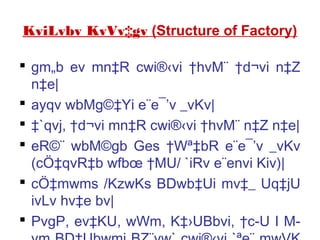 KviLvbv KvVv‡gv (Structure of Factory)
 gm„b ev mn‡R cwi®‹vi †hvM¨ †d¬vi n‡Z
n‡e|
 ayqv wbMg©‡Yi e¨e¯’v _vKv|
 ‡`qvj, †d¬vi mn‡R cwi®‹vi †hvM¨ n‡Z n‡e|
 eR©¨ wbM©gb Ges †Wª‡bR e¨e¯’v _vKv
(cÖ‡qvR‡b wfbœ †MU/ `iRv e¨envi Kiv)|
 cÖ‡mwms /KzwKs BDwb‡Ui mv‡_ Uq‡jU
ivLv hv‡e bv|
 PvgP, ev‡KU, wWm, K‡›UBbvi, †c­U I M­
 