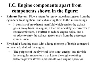 • Exhaust System: Flow system for removing exhaust gases from the
cylinders, treating them, and exhausting them to the surroundings.
– It consists of an exhaust manifold which carries the exhaust
gases away from the engine, a thermal or catalytic converter to
reduce emissions, a muffler to reduce engine noise, and a
tailpipe to carry the exhaust gases away from the passenger
compartment.
• Flywheel : Rotating mass with a large moment of inertia connected
to the crank shaft of the engine.
– The purpose of the flywheel is to store energy and furnish
large angular momentum that keeps the engine rotating
between power strokes and smooths out engine operation.
I.C. Engine components apart from
components shown in the figure:
 
