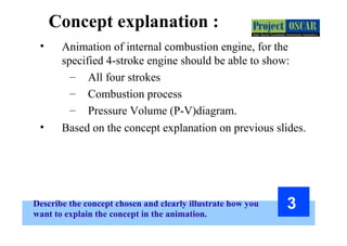 Describe the concept chosen and clearly illustrate how you
want to explain the concept in the animation.
3
Concept explanation :
• Animation of internal combustion engine, for the
specified 4-stroke engine should be able to show:
– All four strokes
– Combustion process
– Pressure Volume (P-V)diagram.
• Based on the concept explanation on previous slides.
 