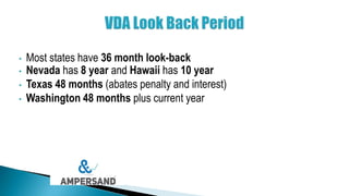 • Most states have 36 month look-back
• Nevada has 8 year and Hawaii has 10 year
• Texas 48 months (abates penalty and interest)
• Washington 48 months plus current year
 