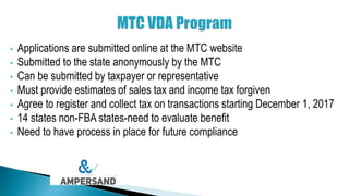 • Applications are submitted online at the MTC website
• Submitted to the state anonymously by the MTC
• Can be submitted by taxpayer or representative
• Must provide estimates of sales tax and income tax forgiven
• Agree to register and collect tax on transactions starting December 1, 2017
• 14 states non-FBA states-need to evaluate benefit
• Need to have process in place for future compliance
 
