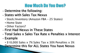 • Determine the following:
• States with Sales Tax Nexus
• Stock/Inventory (Amazon FBA – 25 States)
• Home State
• Other Factors?
• First Had Nexus in These States
• Total Sales x Sales Tax Rate x Penalties x Interest
• Example
• $10,000 Sales x 7% Sales Tax x 30% Penalties x 3%
• Determine this for ALL States You have Nexus
 