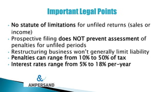 • No statute of limitations for unfiled returns (sales or
income)
• Prospective filing does NOT prevent assessment of
penalties for unfiled periods
• Restructuring business won’t generally limit liability
• Penalties can range from 10% to 50% of tax
• Interest rates range from 5% to 18% per-year
 