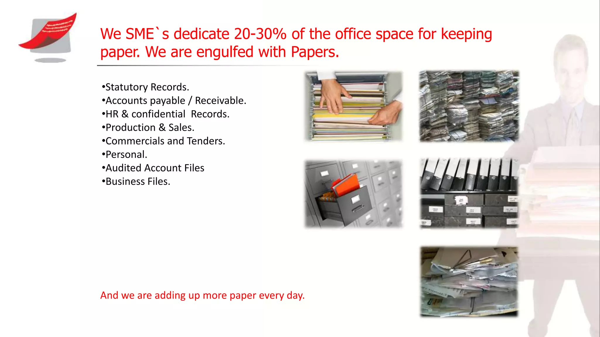 We SME`s dedicate 20-30% of the office space for keeping
paper. We are engulfed with Papers.
•Statutory Records.
•Accounts payable / Receivable.
•HR & confidential Records.
•Production & Sales.
•Commercials and Tenders.
•Personal.
•Audited Account Files
•Business Files.
And we are adding up more paper every day.
 