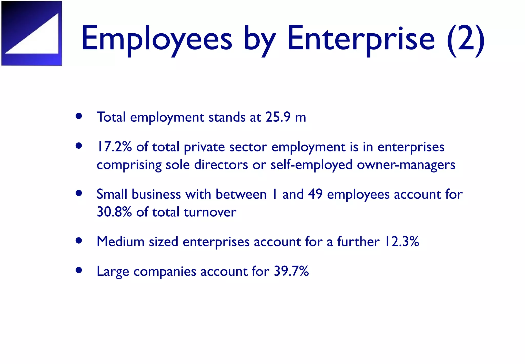 Employees by Enterprise (2)
• Total employment stands at 25.9 m
• 17.2% of total private sector employment is in enterprises
comprising sole directors or self-employed owner-managers
• Small business with between 1 and 49 employees account for
30.8% of total turnover
• Medium sized enterprises account for a further 12.3%
• Large companies account for 39.7%
 