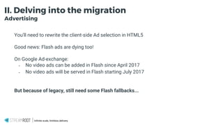 Infinite scale, limitless delivery.
II. Delving into the migration
Advertising
You’ll need to rewrite the client-side Ad selection in HTML5
Good news: Flash ads are dying too!
On Google Ad-exchange:
- No video ads can be added in Flash since April 2017
- No video ads will be served in Flash starting July 2017
But because of legacy, still need some Flash fallbacks...
 