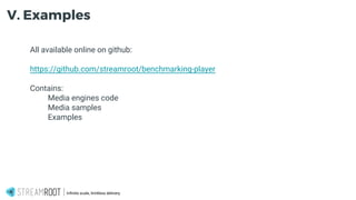 All available online on github:
https://github.com/streamroot/benchmarking-player
Contains:
Media engines code
Media samples
Examples
Infinite scale, limitless delivery.
V. Examples
 