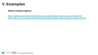 Other media engines
https://github.com/streamroot/benchmarking-player/blob/master/samples/shaka.html
https://github.com/streamroot/benchmarking-player/blob/master/samples/videojs.hls.html
Infinite scale, limitless delivery.
V. Examples
 