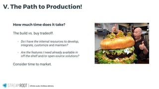 How much time does it take?
The build vs. buy tradeoff.
- Do I have the internal resources to develop,
integrate, customize and maintain?
- Are the features I need already available in
off-the-shelf and/or open-source solutions?
Consider time to market.
Infinite scale, limitless delivery.
V. The Path to Production!
 
