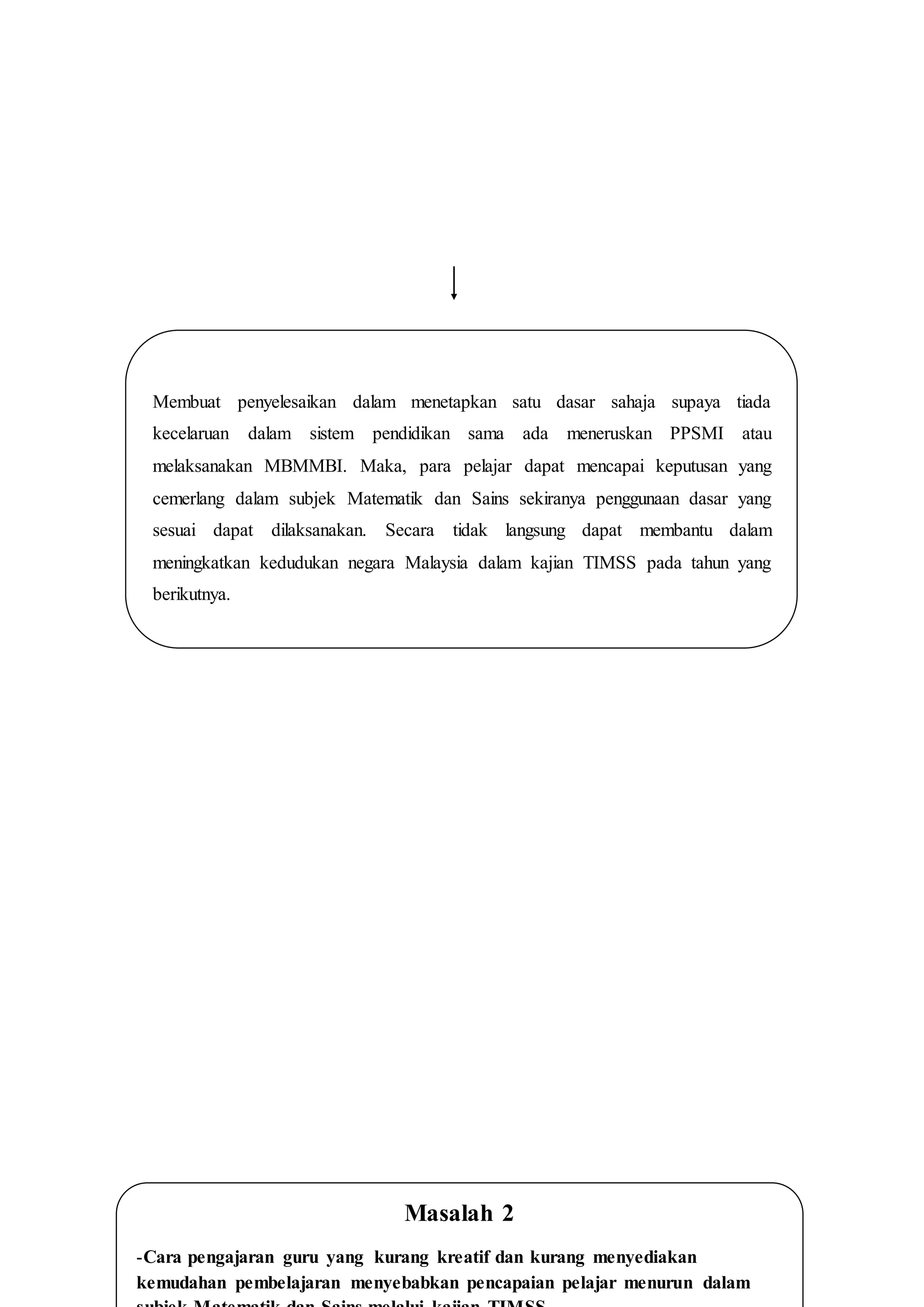 Membuat penyelesaikan dalam menetapkan satu dasar sahaja supaya tiada
kecelaruan dalam sistem pendidikan sama ada meneruskan PPSMI atau
melaksanakan MBMMBI. Maka, para pelajar dapat mencapai keputusan yang
cemerlang dalam subjek Matematik dan Sains sekiranya penggunaan dasar yang
sesuai dapat dilaksanakan. Secara tidak langsung dapat membantu dalam
meningkatkan kedudukan negara Malaysia dalam kajian TIMSS pada tahun yang
berikutnya.
Masalah 2
-Cara pengajaran guru yang kurang kreatif dan kurang menyediakan
kemudahan pembelajaran menyebabkan pencapaian pelajar menurun dalam
 