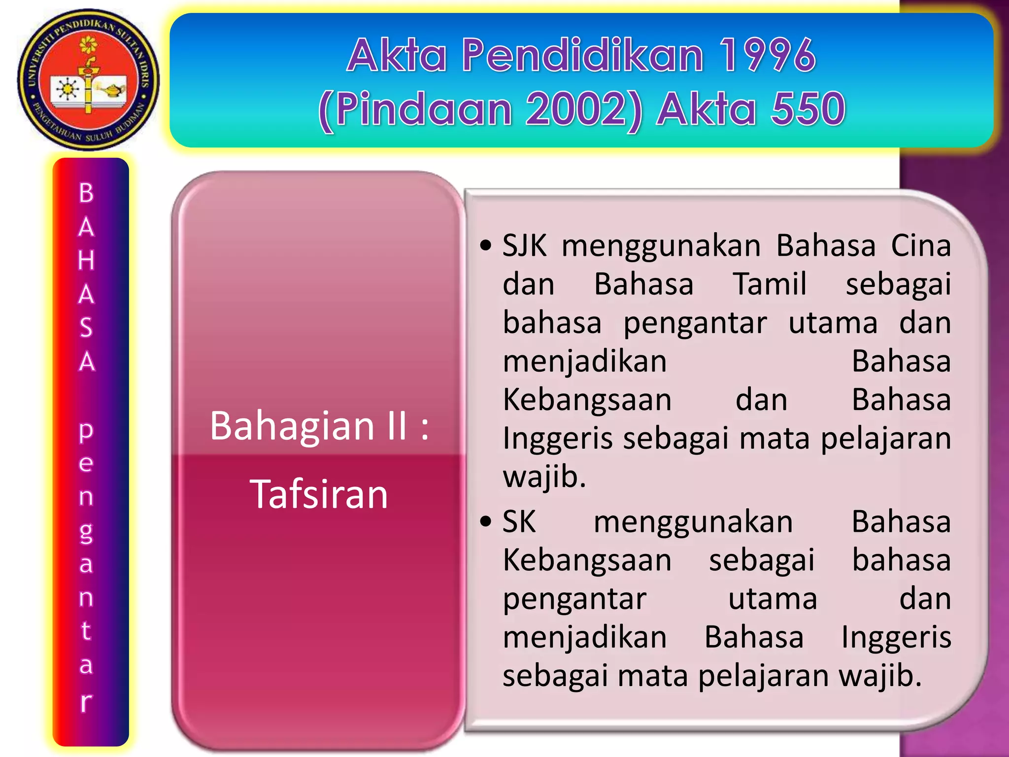 • SJK menggunakan Bahasa Cina
                  dan Bahasa Tamil sebagai
                  bahasa pengantar utama dan
                  menjadikan              Bahasa
                  Kebangsaan       dan    Bahasa
Bahagian II :     Inggeris sebagai mata pelajaran
                  wajib.
  Tafsiran
                • SK     menggunakan      Bahasa
                  Kebangsaan sebagai bahasa
                  pengantar       utama       dan
                  menjadikan Bahasa Inggeris
                  sebagai mata pelajaran wajib.
 