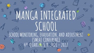 MANGA INTEGRATED
SCHOOL
SCHOOL MONITORING, EVALUATION, AND ADJUSTMENT
(SMEA) CONFERENCE
4th QUARTER, S.Y. 2021 - 2022
 