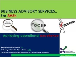 BUSINESS ADVISORY SERVICES..
For SMEs
Achieving operational excellence
Helping Businesses to Grow By
Partnering in Your Non Core Activities And
Setting You Free to Concentrate on the Core Areas of Your Businesses.
www.smetechnologist.com
 