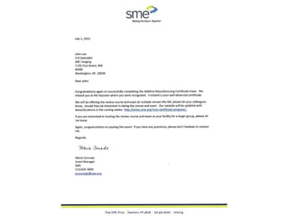 SME Additive Manufacturing Certificate & Letter