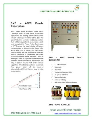 SREE MEENAKSHI ELECTRICALS
Power Quality Solution Provider
SREE MEENAKSHI ELECTRICALS www.sreemeenakshielectricals.com
SME – APFC Panels
Description:
APFC Panel means Automatic Power Factor
Correction Panel. In some cases, in industrial
applications, the loading pattern of the entire
network will change from time to time. So if that
type of Industries connect a fixed compensation.
It will not be in a position to compensate exactly
what is required for Power Factor. But, in case
of APFC panels that type industry will have a
microprocessor or Micro controller based relay
which helps you to sense the load current
instantaneously and the particular MC relay will
hunt for capacitors to compensate and power
factor improvement will be automatic. APFC is
nothing but steps of capacitors connected to the
contactor in turn connected to the breakers and
relay. It doesn’t require much of the manual
support as of fixed compensation is concerned.
Your power factor will be improved
automatically; APFC will have a step by step
compensation.
SME – APFC Panels Best
Suitable for
 LT & HT factories
 Wind mills
 Rice mills
 Textile and Spinning Mills
 All type of Industries
 Welding factories
 Furnace Industry
 And other types of industries also.
SME - APFC PANELS:
 
