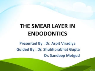 THE SMEAR LAYER IN
ENDODONTICS
Presented By : Dr. Arpit Viradiya
Guided By : Dr. Shubhprabhat Gupta
Dr. Sandeep Metgud
 