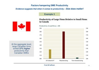 13Frost & Sullivan
Evidence suggests that when it comes to productivity – Size does matter!
Factors hampering SME Productivity
Example 3
At the aggregate level,
large Canadian firms
exhibit 27% higher
productivity than
Canadian SMEs
 