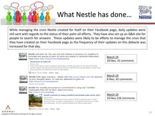 What Nestle has done…
           While managing the crisis Nestle created for itself on their Facebook page, daily updates were
           still sent with regards to the status of their palm oil efforts. They have also set up an Q&A site for
           people to search for answers. These updates were likely to be efforts to manage the crisis that
           they have created on their Facebook page as the frequency of their updates on this debacle was
           increased for that day.


                                                                                   March 19
                                                                                   18 likes, 41 comments



                                                                                   March 19
                                                                                   8 likes, 42 comments




                                                                                   March 19
                                                                                   24 likes,128 comments



                                                                                                                    23
Copyright © 2010 Adonai Training LLP. All rights reserved.
 