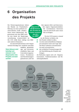 Die Partnerorganisationen haben
das Mandat zur Projektdurch-
führung von einer politisch ver-
antwortlichen Stelle erhalten,
meist einem Ministerium, das
gemeinsam mit dem BMZ auch
für den Inhalt der Regierungs-
vereinbarung verantwortlich ist.
Die GTZ erhält ihren Auftrag vom BMZ
oder anderen Finanziers.
An einem Projekt können viele Organi-
sationen beteiligt sein: staatliche und nicht-
staatliche, gemeinnüt-
zige und privatwirt-
schaftliche, Basis- und
Unterstützerorganisa-
tionen, Produktions-
und Dienstleistungsor-
ganisationen. Jede hat
ihre eigenen Ziele und Interessen,
ihre eigene Organisationskultur.
Die verschiedenen Interessen
sind oft nicht leicht unter einen
Hut zu bringen.
Für die GTZ kommt es darauf
an, die Partner zu finden, die
q das Projekt wirklich wollen,
q von den unterschiedlichen Zielgrup-
pen akzeptiert und in der Lage sind,
mit ihnen wirksam zu kommunizie-
ren und zu kooperieren,
q die rechtlichen Voraussetzungen für
die Durchführung des Projekts mit-
bringen.
Als Methoden eignen sich z.B.: Organisa-
tionsanalyse, Funktionenanalyse und Be-
ziehungslandkarte.
21
ORGANISATION DES PROJEKTS
6 Organisation
des Projekts
Wenn die AP
mit den Partnern
über die Ziele des
Projekts nachdenkt,
dann ist
das ZOPP
Viele Akteure sind
beteiligt und
müssen in der
Organisation des
Projekts vernetzt
werden
Grafik 4:
Die „Orga-
nisations-
landschaft“
eines
Bewässerungs
systems
Quelle: nach
W. Huppert, 1994
Wasser-
nutzer
Verband
Wasser-
nutzer
(Privatbetrieb)
Wasser-
nutzer-
gemein-
schaft
Projekt
GTZ
Genossen-
schaft
Karitative
Organi-
sation
Input-
Lieferant
(Privatbetrieb)
Bewäss.-
orga.
(Regiebetrieb)
staatl.
Bewäss.-
behörde
 