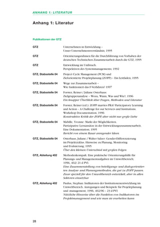 Publikationen der GTZ
GTZ Unternehmen in Entwicklung –
Unser Unternehmensverständnis; 1995
GTZ Orientierungsrahmen für die Durchführung von Vorhaben der
deutschen Technischen Zusammenarbeit durch die GTZ; 1995
GTZ Entwicklung im Umbruch.
Perspektiven des Systemmanagements; 1992
GTZ, Stabsstelle 04 Project Cycle Management (PCM) und
Zielorientierte Projektplanung (ZOPP) – Ein Leitfaden; 1995
GTZ, Stabsstelle 04 Wege zur Zusammenarbeit –
Wie funktioniert das F-Verfahren? 1997
GTZ, Stabsstelle 04 Forster, Reiner / Juliane Osterhaus:
Zielgruppenanalyse – Wozu, Wann, Was und Wie?; 1996
Ein knapper Überblick über Fragen, Methoden und Literatur
GTZ, Stabsstelle 04 Forster, Reiner (ed.): ZOPP marries PRA? Participatory Learning
and Action – A Challenge for our Services and Institutions.
Workshop Documentation; 1996
Konstruktive Kritik der ZOPP, aber nicht nur große Liebe
GTZ, Stabsstelle 04 Mabille, Yvonne: Markt der Möglichkeiten.
Partizipative Lernansätze in der Entwicklungszusammenarbeit.
Eine Dokumentation; 1995
Bericht von einem Basar anregender Ideen
GTZ, Stabsstelle 04 Osterhaus, Juliane / Walter Salzer: Gender-Differenzierung
im Projektzyklus. Hinweise zu Planung, Monitoring
und Evaluierung; 1995
Über den kleinen Unterschied mit großen Folgen
GTZ, Abteilung 402 Methodenkompaß. Eine praktische Orientierungshilfe für
Planungs- und Managementaufgaben im Umweltbereich;
1996, 402/ 21 d PVI.
Eine Zusammenstellung von beteiligungs- und dialogorientier-
ten Analyse- und Planungsmethoden, die gut zu ZOPP passen.
Zwar speziell für den Umweltbereich entwickelt, aber in allen
Sektoren einsetzbar
GTZ, Abteilung 402 Paulus, Stephan: Indikatoren der Institutionenentwicklung im
Umweltbereich. Anregungen und Beispiele für Projektplanung
und -management; 1996, 402/96 – 23 d PVI
Nützliche Hinweise über die Funktion von Indikatoren im
Projektmanagement und wie man sie erarbeiten kann
28
ANHANG 1: LITERATUR
Anhang 1: Literatur
 