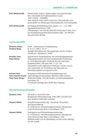 GTZ, Abteilung 402 Zimmermann, Arthur / Markus Engler: Prozeßmonitoring.
Eine Arbeitshilfe für Projektmitarbeiter/-innen;
1996, 402/96 – 22d RMSH
Sehr nützlich, nicht zuletzt wegen der Übersicht über eine
ganze Reihe von Werkzeugen und praktischen Anwendungstips
GTZ, Abteilung 405 Fachtagung Berufsbildung Asien, Jakarta, 4.3. – 14.3.1996.
Tagungsdokumentation; 1996
Überlegungen, wie sich die deutsche Förderung in einer zwei-
ten Projektplanungsübersicht darstellen läßt – der PPÜ für
den deutschen Beitrag
Literatur über ZOPP
Bodemer, Klaus/ ZOPP – Zielorientierte Projektplanung.
Friedrich Bolay: In: E+Z 2, 1985, S. 16–17.
Knappe Darstellung der Planungslogik und der Analyse-
schritte der „klassischen“ ZOPP
Kievelitz, Uwe/ Zielorientierte Projektplanung. Ein entwicklungspolitisches
Klaus Tilmes: Planungsinstrument und seine interkulturelle Problematik.
In: Vierteljahresberichte. Probleme der internationalen
Zusammenarbeit, 108, Juni 1987, S. 131–143
(überarbeitet auch abgedruckt in Kohnert / Preuß / Sauer).
Eine Gegenrede zur Vorstellung, daß Menschen an
Planungsverfahren anzupassen seien
Kohnert, Dirk/ Perspektiven Zielorientierter Projektplanung in der
Hans-Joachim Preuß/ Entwicklungszusammenarbeit. München; Köln; London:
Peter Sauer (Hrsg.): Weltforum-Verlag, 1992 (Ifo-Studien zur Entwicklungsländer-
forschung; 22)
25 kritische Beiträge über ZOPP alter Prägung
Über Dienstleistung und Qualität
Guaspari, John: Ich weiß es, wenn ich’s sehe,
Königsteiner Wirtschaftsverlag, 1989, ISBN 3-923281-25-0
Eine moderne Fabel über Qualität
Huppert, Walter: Dienstleistungsorientierung, „Non-Profit“-Perspektive
und Situationsbezug
In: GTZ/interact: Dienstleistungsorientiertes Management
in der Bewässerung, Band 1 (Grundlagen). 1994
Huppert, Walter: Partizipation und Dienstleistungsorientierung.
In: GTZ/interact: Dienstleistungsorientiertes Management
in der Bewässerung, Band 1 (Grundlagen). 1994
Beispiele dafür, wie die Beteiligung von der Sache abhängt,
um die es geht
29
ANHANG 1: LITERATUR
 
