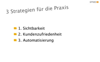 ien fü r die Praxis
3 St rateg


     1. Sichtbarkeit
     2. Kundenzufriedenheit
     3. Automatisierung
 