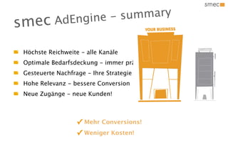 gine - sum mary
s mec      AdEn

 Höchste Reichweite - alle Kanäle
 Optimale Bedarfsdeckung - immer präsent
 Gesteuerte Nachfrage - Ihre Strategie
 Hohe Relevanz - bessere Conversion
 Neue Zugänge - neue Kunden!



                   ✓ Mehr Conversions!
                   ✓ Weniger Kosten!
 