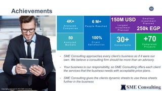 13
4K+
A n a l y z e d
C o m p a n i e s
50
A n a l y z e d
M a r k e t s
30+
C o n s u l t a n t s
150M USD
L a r g e s t
i n v e s t m e n t
P l a n n e d 250k EGP
S m a l l e s t
i n v e s t m e n t
P l a n n e d
6 M+
P e o p l e R e a c h e d
100%
C l i e n t
S a t i s f a c t i o n
+70
C o m p l e t e d
P r o j e c t s
Achievements
Copyrights reserved © 2021 SME Consulting
- SME Consulting approaches every client’s business as if it were our
own. We believe a consulting firm should be more than an advisory.
- Your business is our responsibility, so SME Consulting offers each client
the services that the business needs with acceptable price plans.
- SME Consulting gives the clients dynamic sheets to use these sheets
further in the business
 