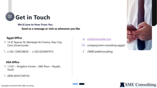 Get in Touch
Copyrights reserved © 2021 SME Consulting
We’d Love to Hear From You
Send us a message or visit us whenever you like
13 El Tayaran St, Manteqet Al Cinema, Nasr City,
Cairo Governorate.
(+20) 1204538024 - (+20) 0224047915
11321 - Kingdom Centre - 28th floor – Riyadh,
Saudi.
(009) 66541549143
Egypt Office
KSA Office
info@smecastle.com
company/sme-consulting-egypt/
/SMECastleConsulting
 