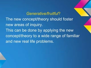 Generative/fruitful?
The new concept/theory should foster
new areas of inquiry.
This can be done by applying the new
concept/theory to a wide range of familiar
and new real life problems.
 