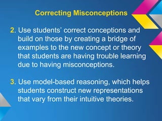 Correcting Misconceptions

2. Use students’ correct conceptions and
   build on those by creating a bridge of
   examples to the new concept or theory
   that students are having trouble learning
   due to having misconceptions.

3. Use model-based reasoning, which helps
   students construct new representations
   that vary from their intuitive theories.
 