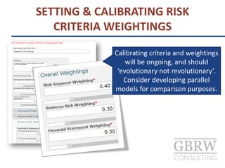 SETTING & CALIBRATING RISK
CRITERIA WEIGHTINGS
Calibrating criteria and weightings
will be ongoing, and should
‘evolutionary not revolutionary’.
Consider developing parallel
models for comparison purposes.
 